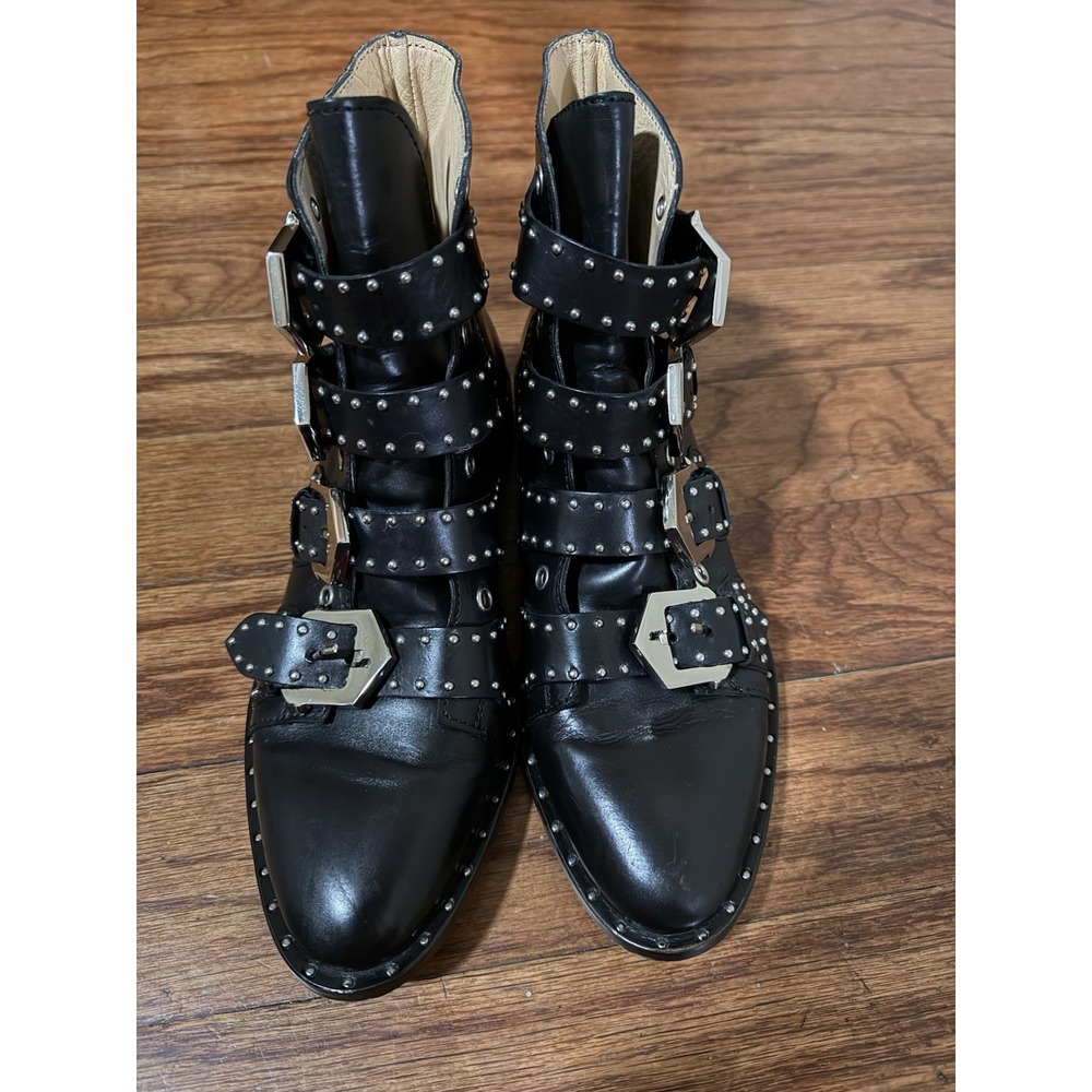 Black Leather Multi Buckle Studded Ankle Boots Silver Hardware Pointed Toe 36